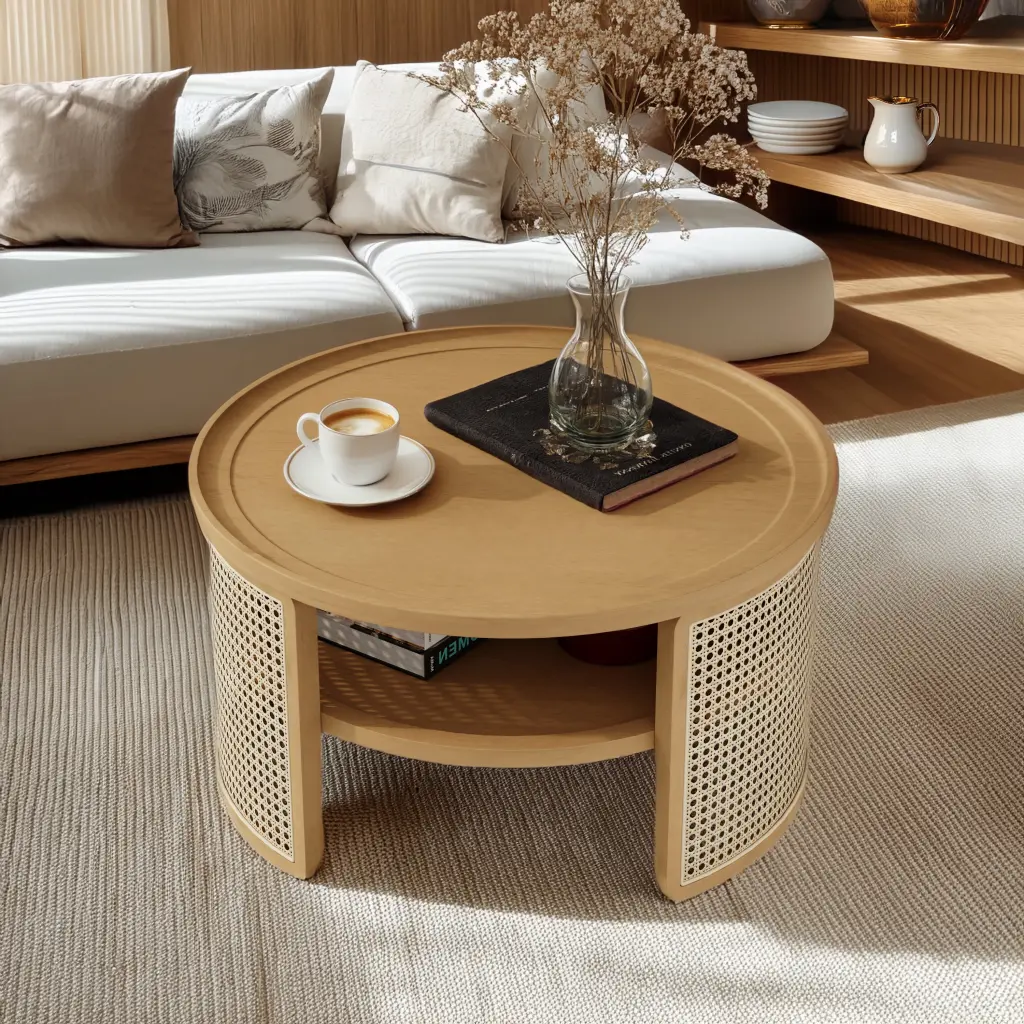 2 Tiered Round Natural Wood Coffee Table Storage Rattan Base rnb