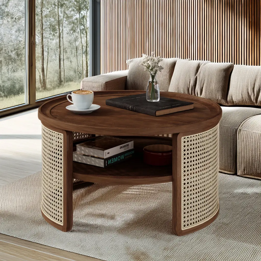 2 Tiered Round Walnut Wood Coffee Table Storage Rattan Base Living Room rnb