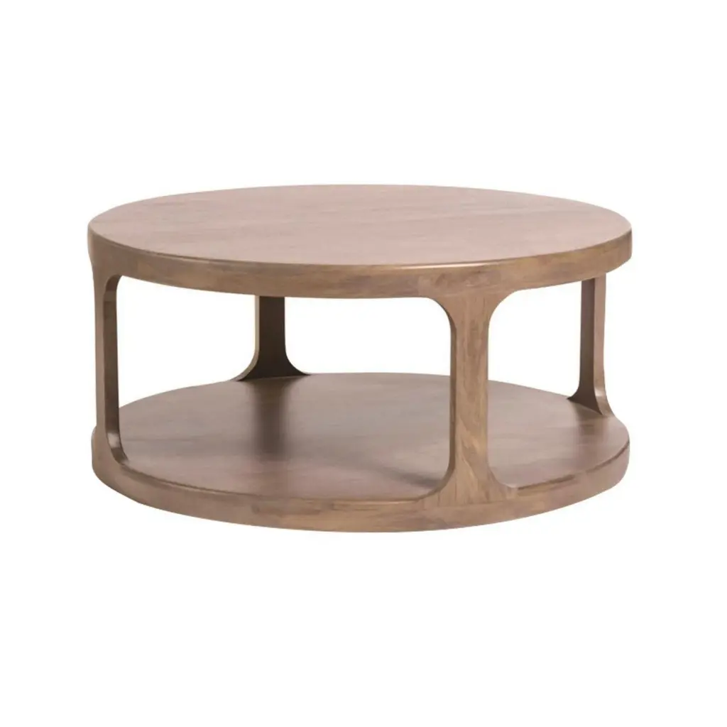 46 Inch Round Pillar Coffee Table Shelf - Rough Hewn Distressed Brown Finish royal hampton