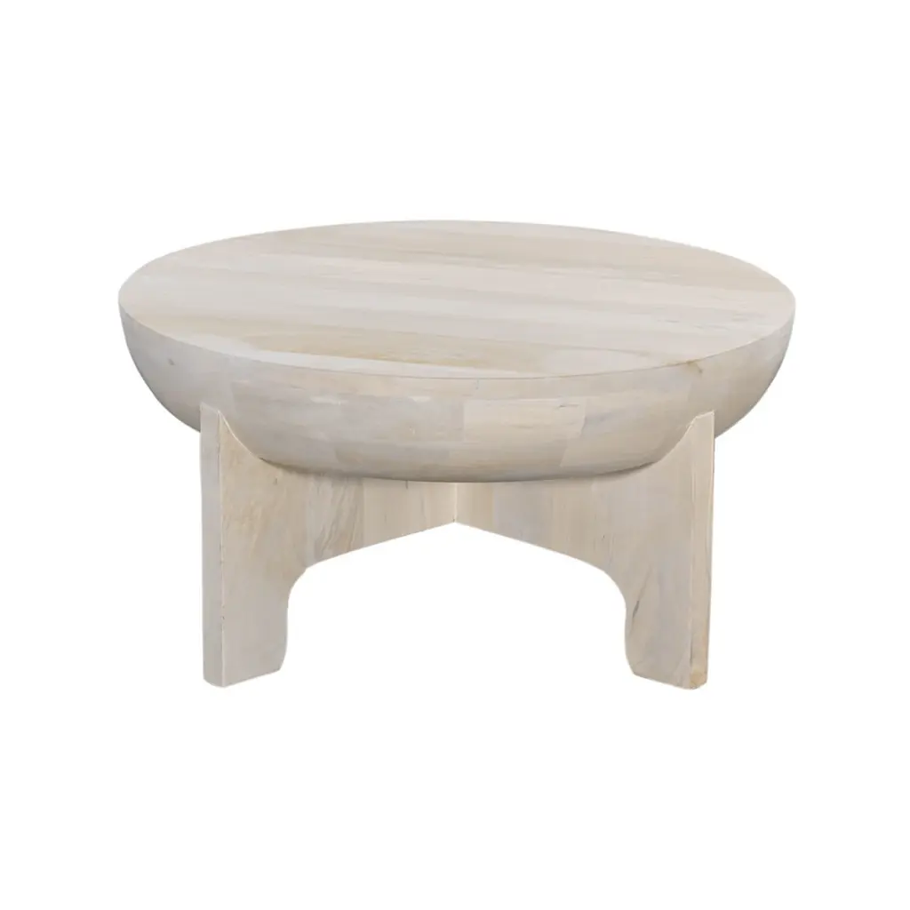 Tomas 32 Inch Coffee Table Mango Wood Drum Top Washed White royal hampton