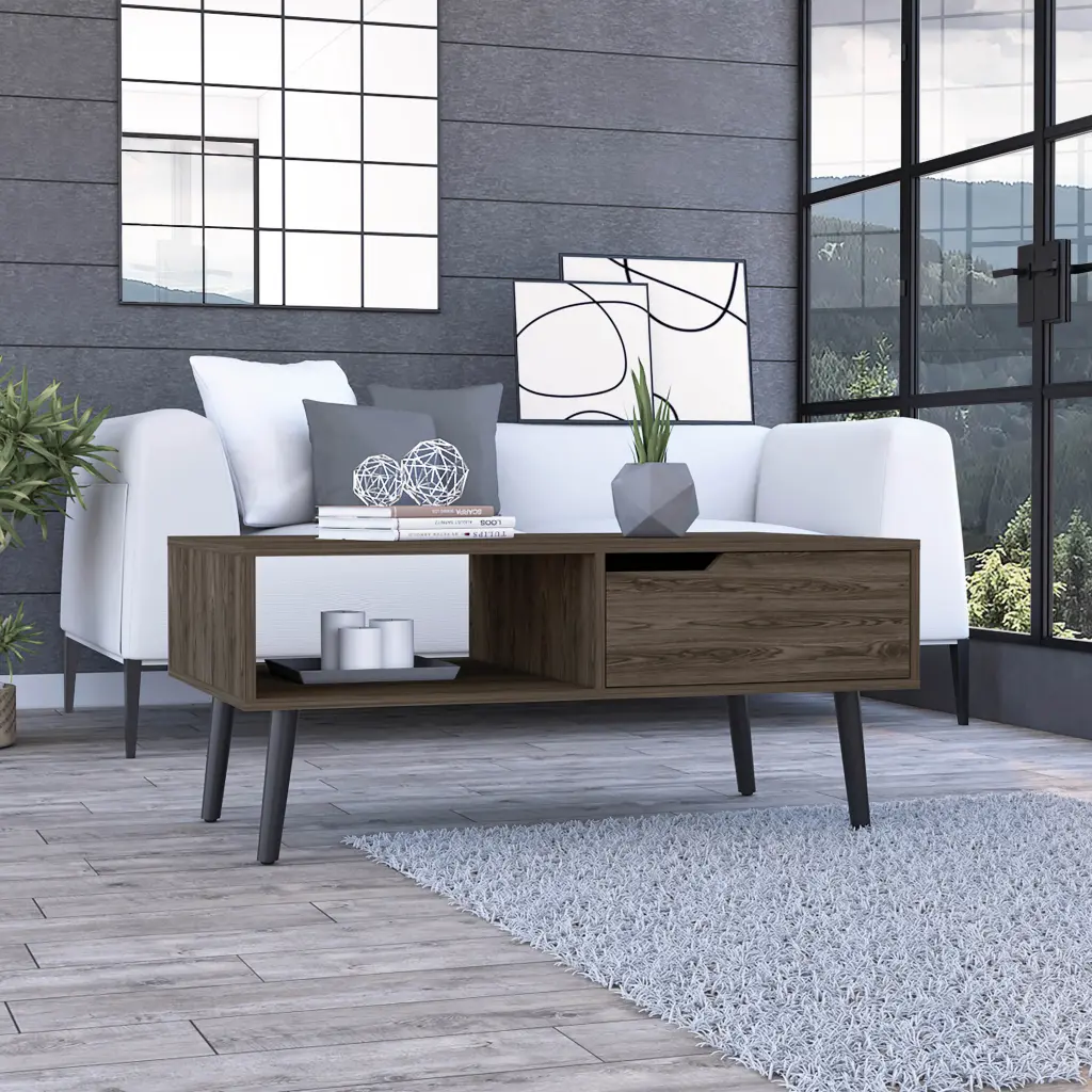 Oslo Coffee Table One Drawer One Open Shelf Four Legs Dark Walnut Brown rta mubles colombia