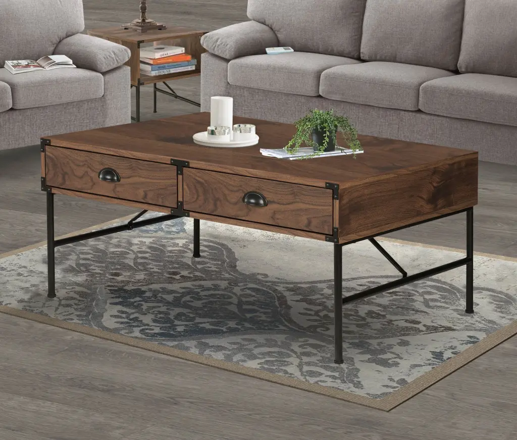 Stylish Walnut Coffee Table Drawers and Polished Metal Frame singularity