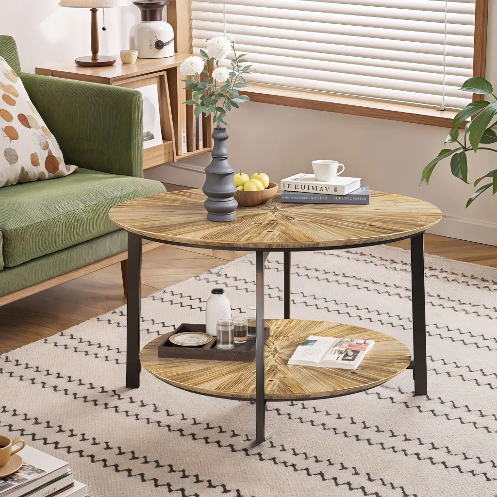 31.5 Round Coffee Table Wooden Double Layer Modern Living Room Table spribung