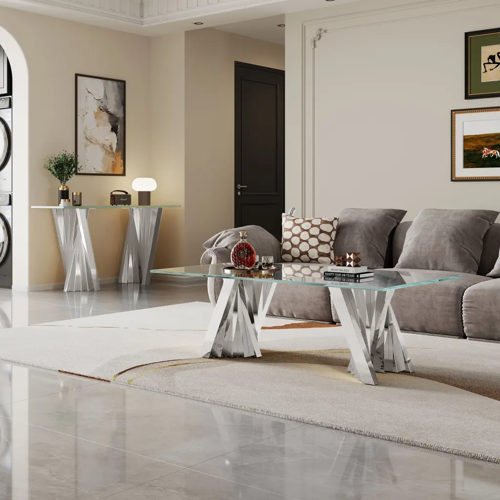 Tempered Glass Top Coffee Table Silver Mirror Finish Stainless Steel Base w1241 artisan furniture