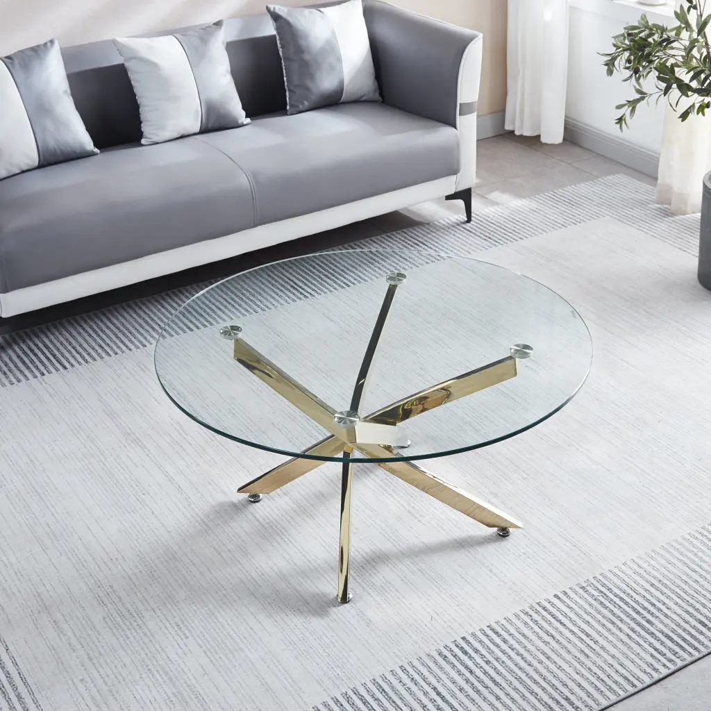 Modern Round Tempered Glass Coffee Table Chrome and Gold Legs w1311 artisan furniture