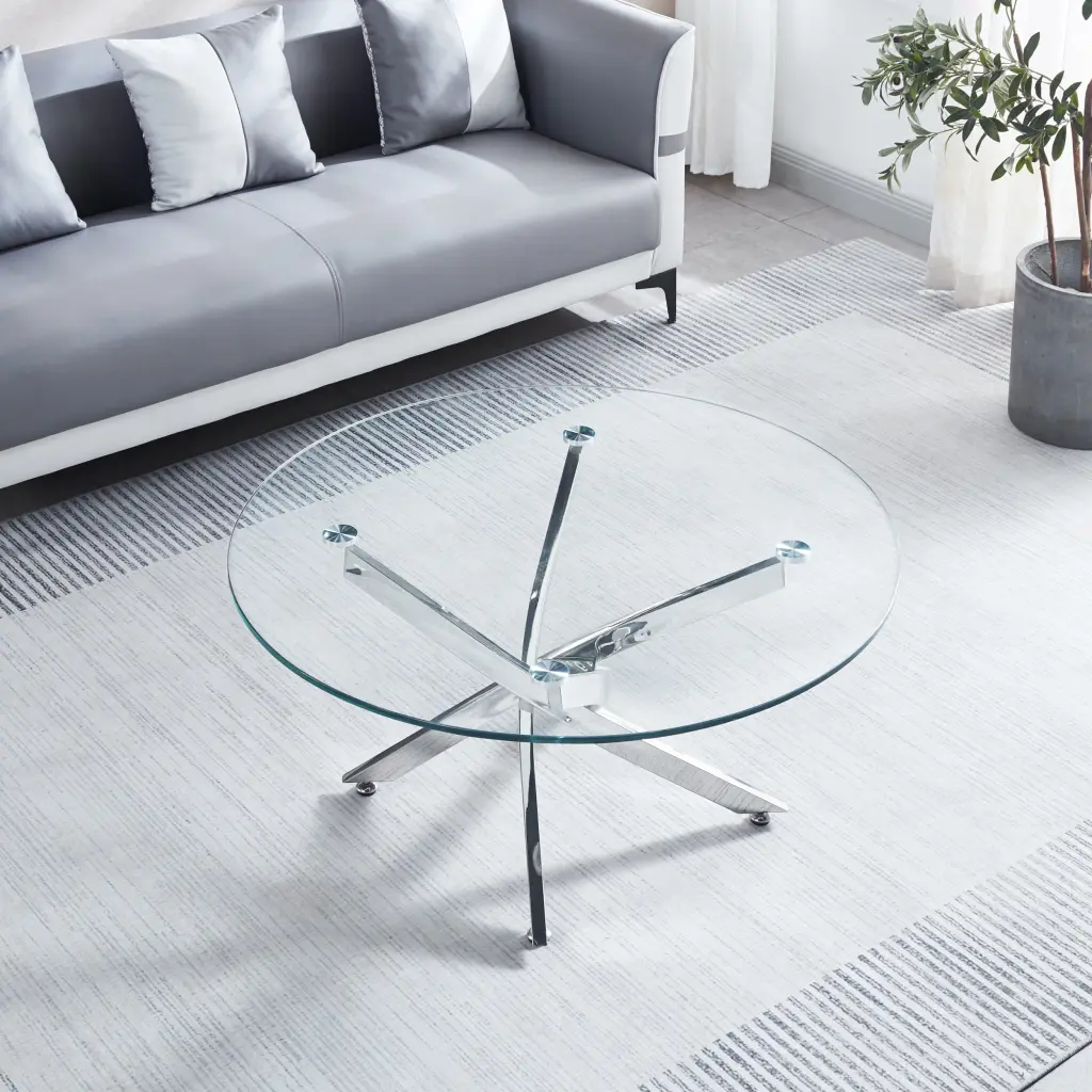 Modern Round Tempered Glass Coffee Table Chrome Legs Silver Living Room Furniture w1311 artisan furniture