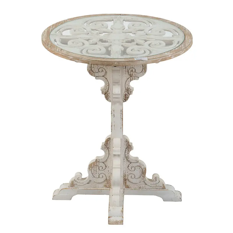 24X28.5 Inch Round Wooden Carved Table Distressed White Finish Antique Design w2078