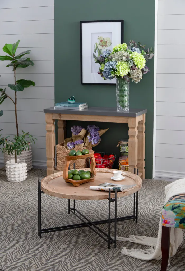 32 Inch Round Wooden Coffee Table Metal Legs Farmhouse Style Living Room Table w2078