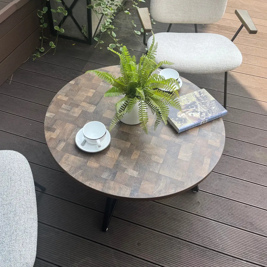Round Coffee Table Wood Grain Top and Black Metal Base Living Room w2221