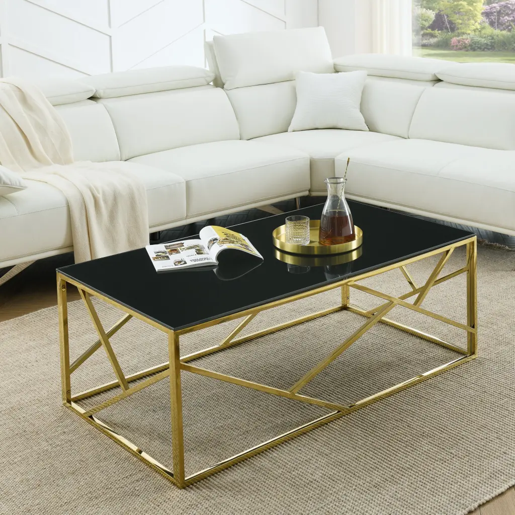 Modern Rectangular Coffee Accent Table Black Tempered Glass Top woker furniture