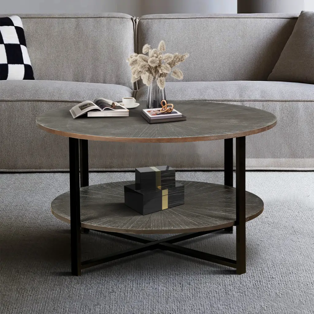 31.5 Inch Round Coffee Table 2 Tier Storage Living Room zrun furniture