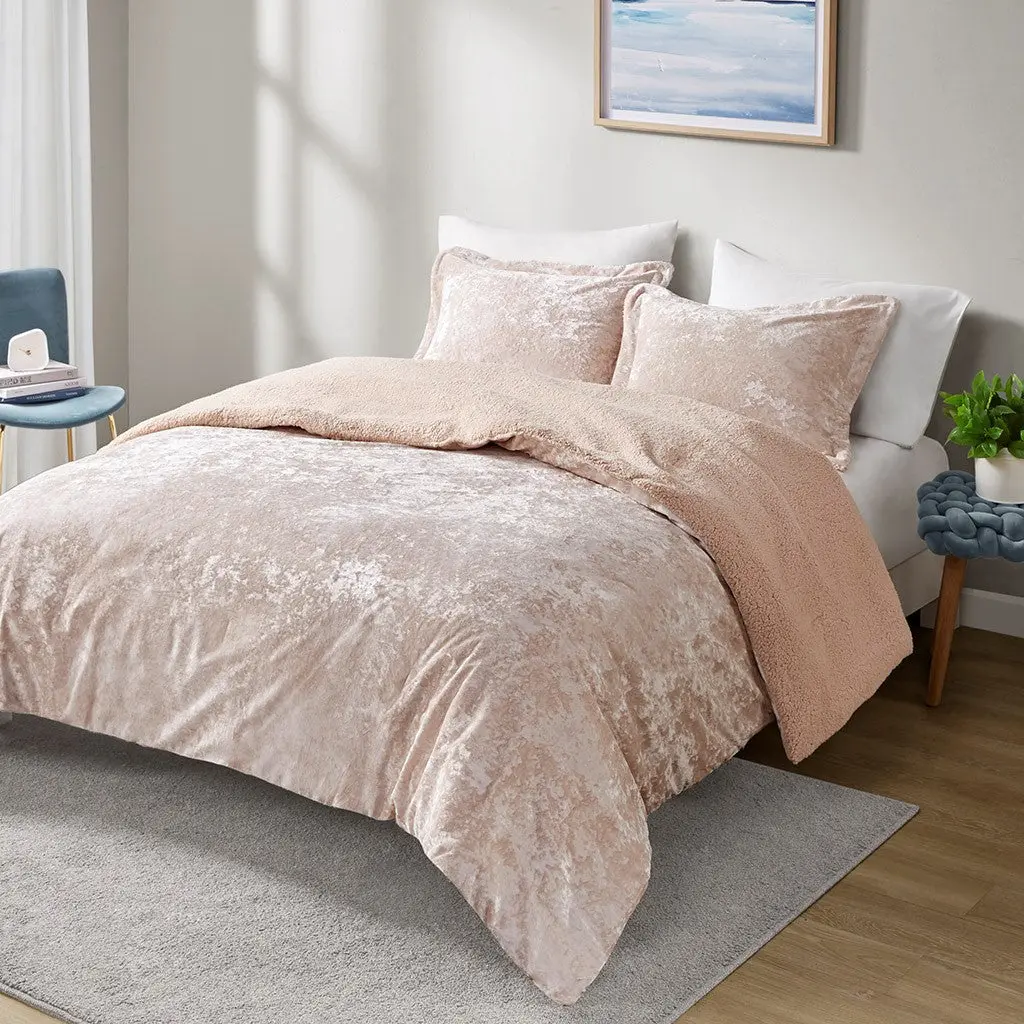 Crushed Velvet Sherpa Reversible Comforter Set Twin Pink Polyester jla