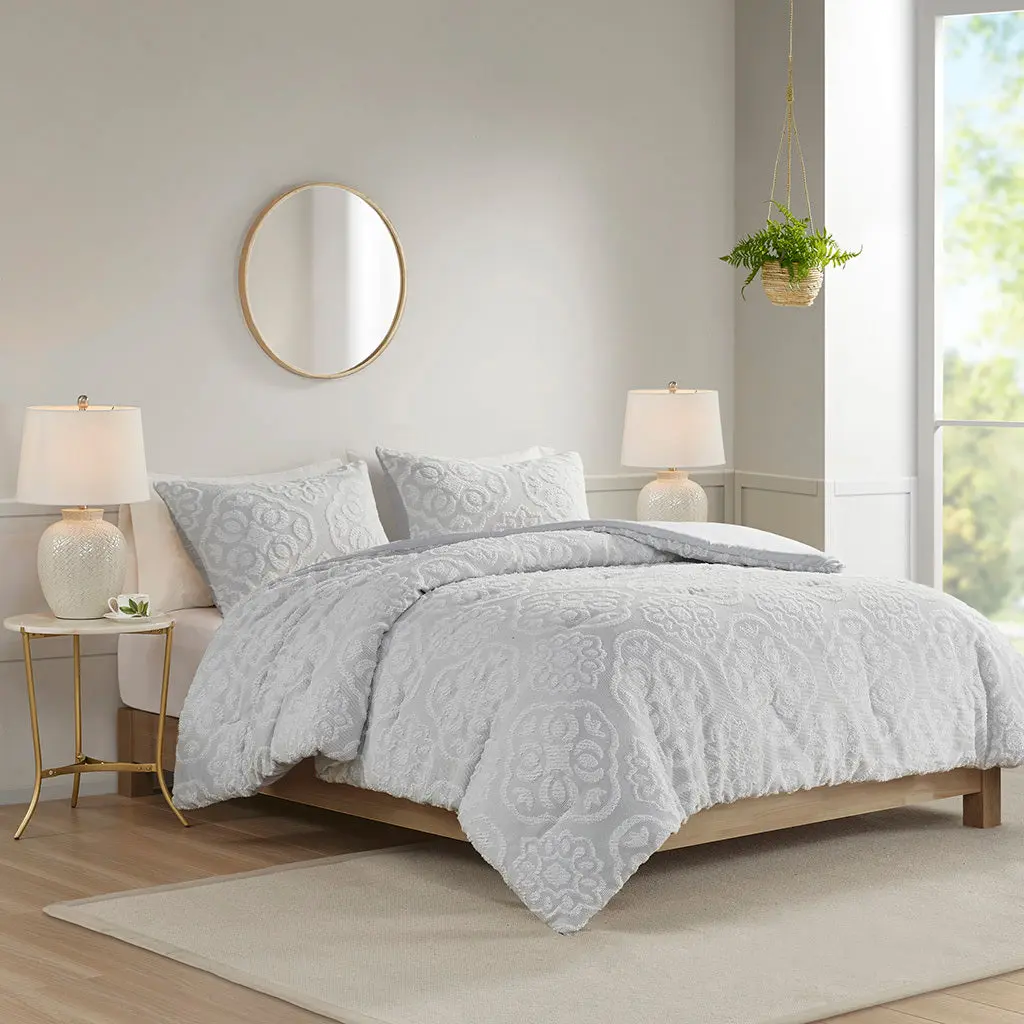 3 Piece Tufted Woven Medallion Easeer Set Grey White Polyester jla