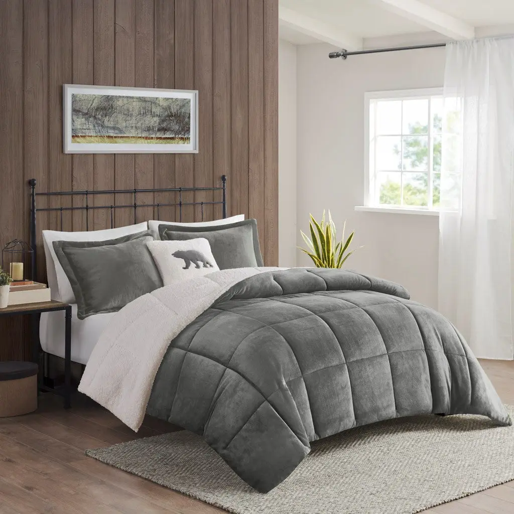 Plush To Sherpa Down Alternative Easeer Set King Charcoal Ivory Pol jla