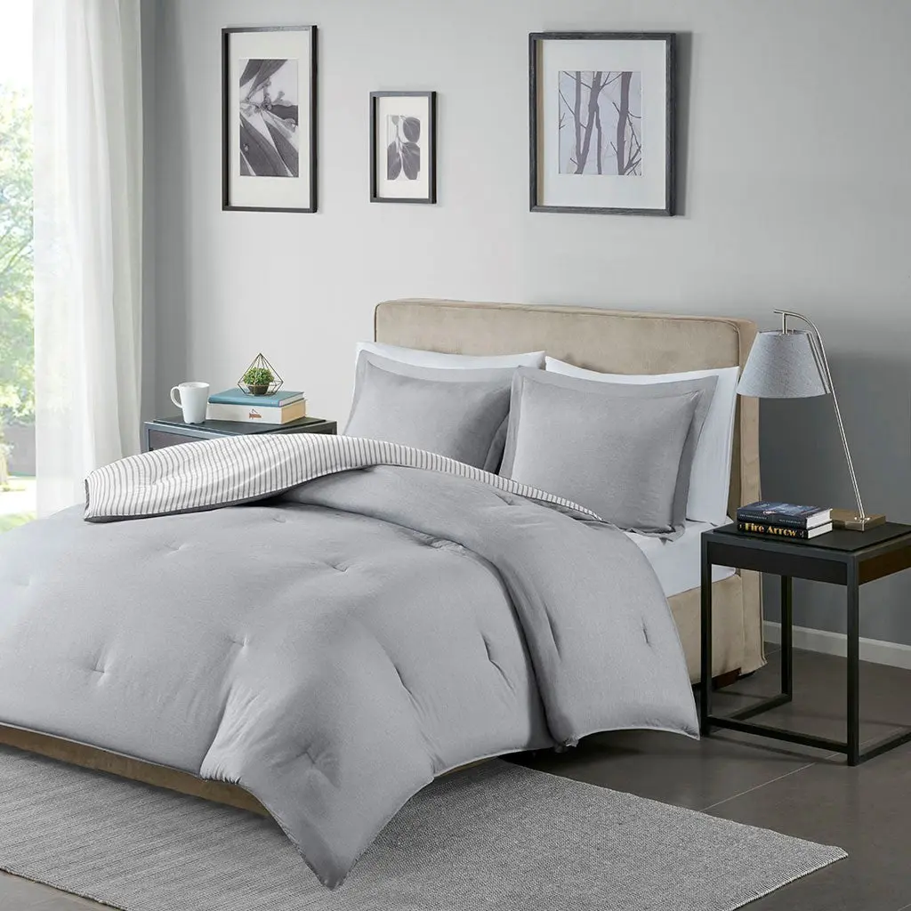 Reversible Yarn Dyed Stripe Down Alternative Comforter Set King Size White Bedding jla