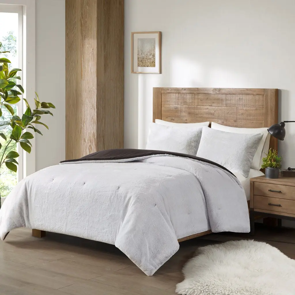 Faux Fur Mink Down Alternative Comforter Set Queen Size Ivory Polyester jla