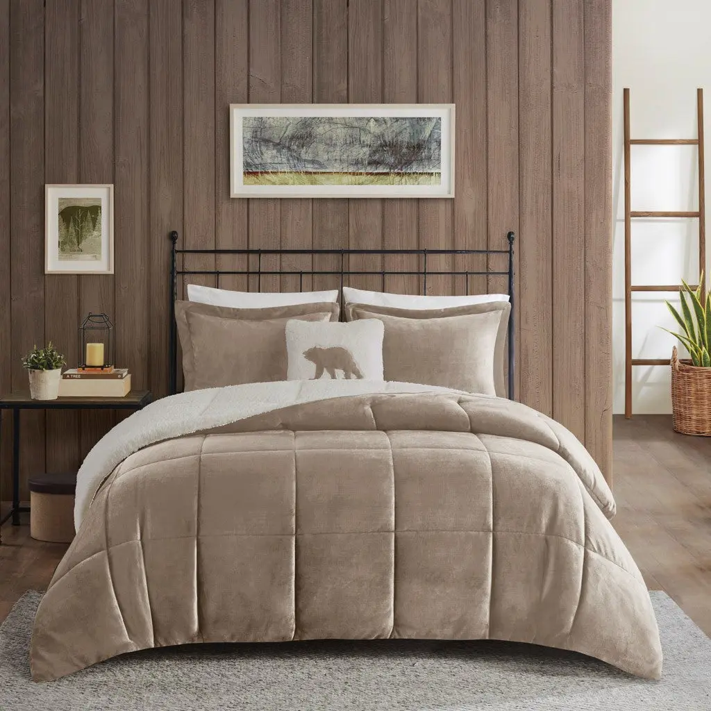 Plush to Sherpa Down Alternative Comforter Set King Size Taupe and Ivory Polyester jla