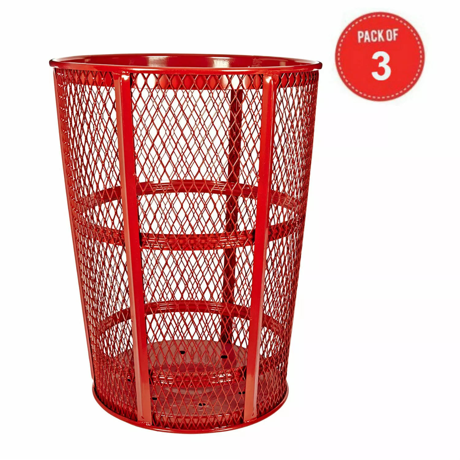 Witt Industries EXP-52RD Steel 48-Gallon Outdoor Waste Receptacle. Round. 23 Diameter x 33 Height. Red (Pack 3)