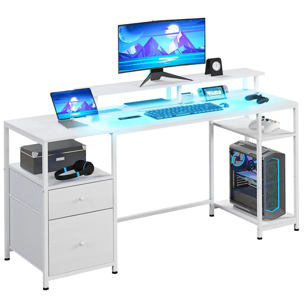 Homcom 61 Inch Computer Desk LED Lights Power Outlets and USB Ports Modern Workstation aosom business
