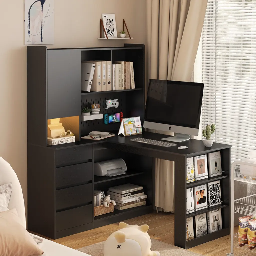 L Shaped Computer Desk Drawers Bookshelf Hutch And LED Light Modern Office Furniture dasenwood