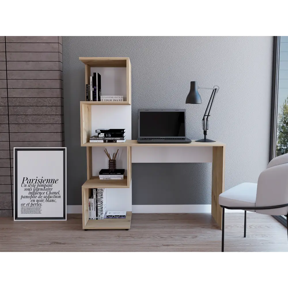 Desk Bookcase And 4 Storage Shelves Light Oak White Multicolor depot e-shop
