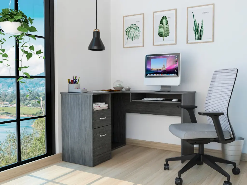 Smokey Oak 2 Drawer 1 Shelf Computer Desk Gray Particle Board furniture max