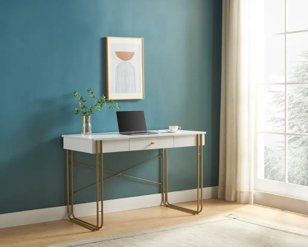 Computer Desk Writing Desk One Drawer Metal Legs And USB Outlet Modern Workstation id international- inc.