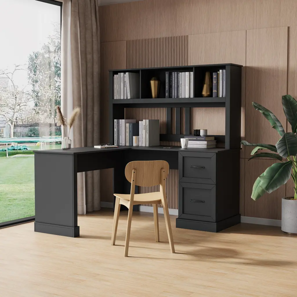 Home Office Computer Desk Hutch Antiqued Black Finish Black MDF Desk joysource furniture