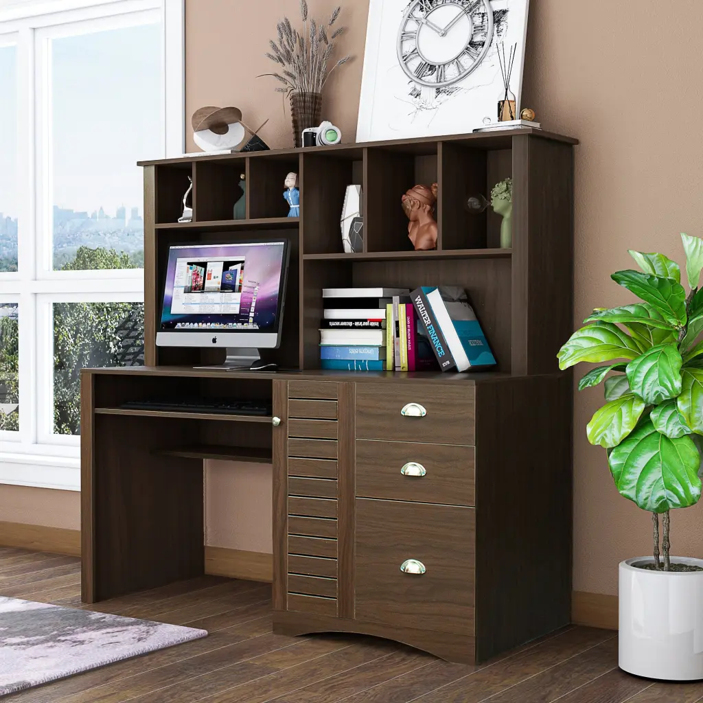 Home Office Computer Desk Hutch Walnut Particle Board joysource furniture