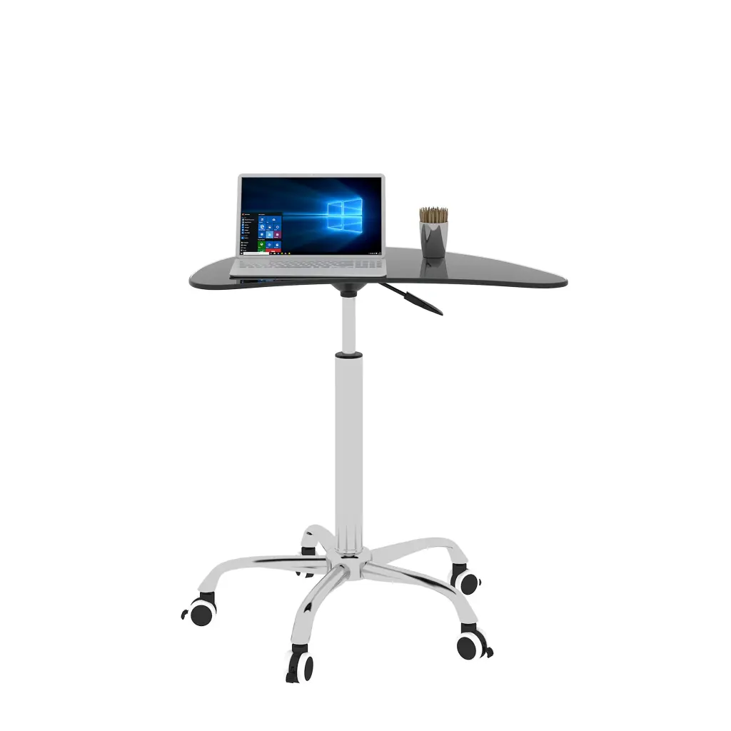 Adjustable Height Black Tempered Glass Table Desk Lockable Wheels jws-w241