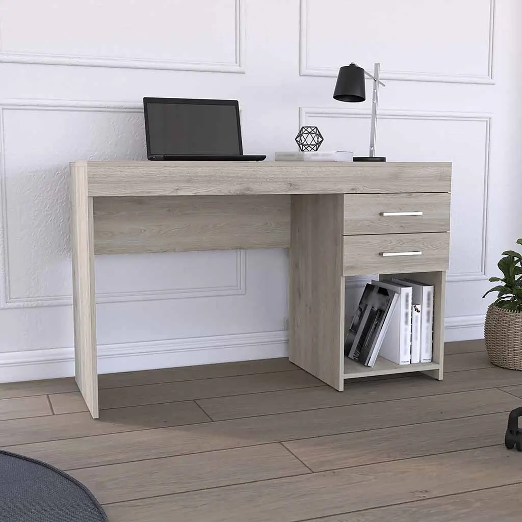 Ibare Two Drawer Computer Desk Lower Shelf Light Gray Office Desk rta mubles colombia