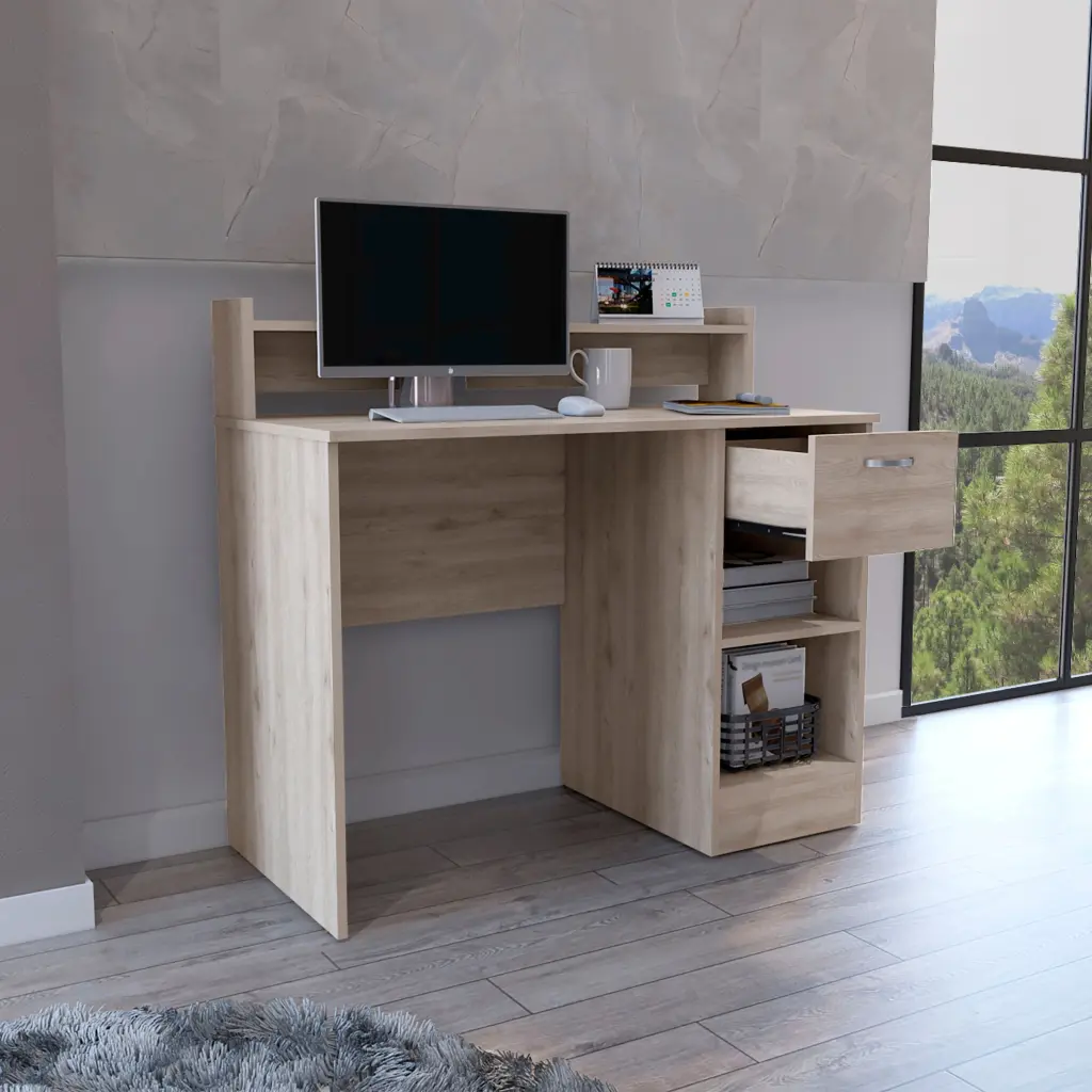 Computer Desk Delmar Open Storage Shelves And Single Drawer Light Wood Finish treevol furniture