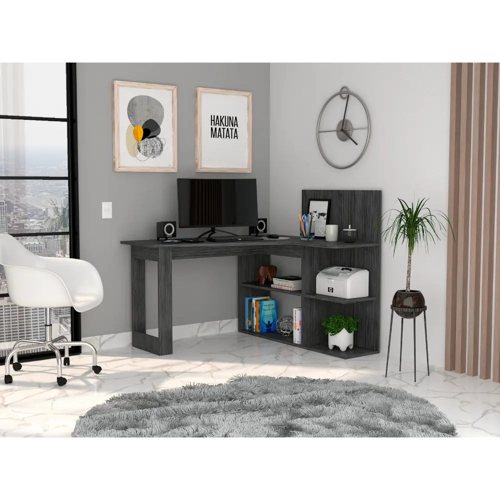 Masai Writing Computer Desk Five Open Shelves Smokey Oak Gray Modern Workstation tuhome