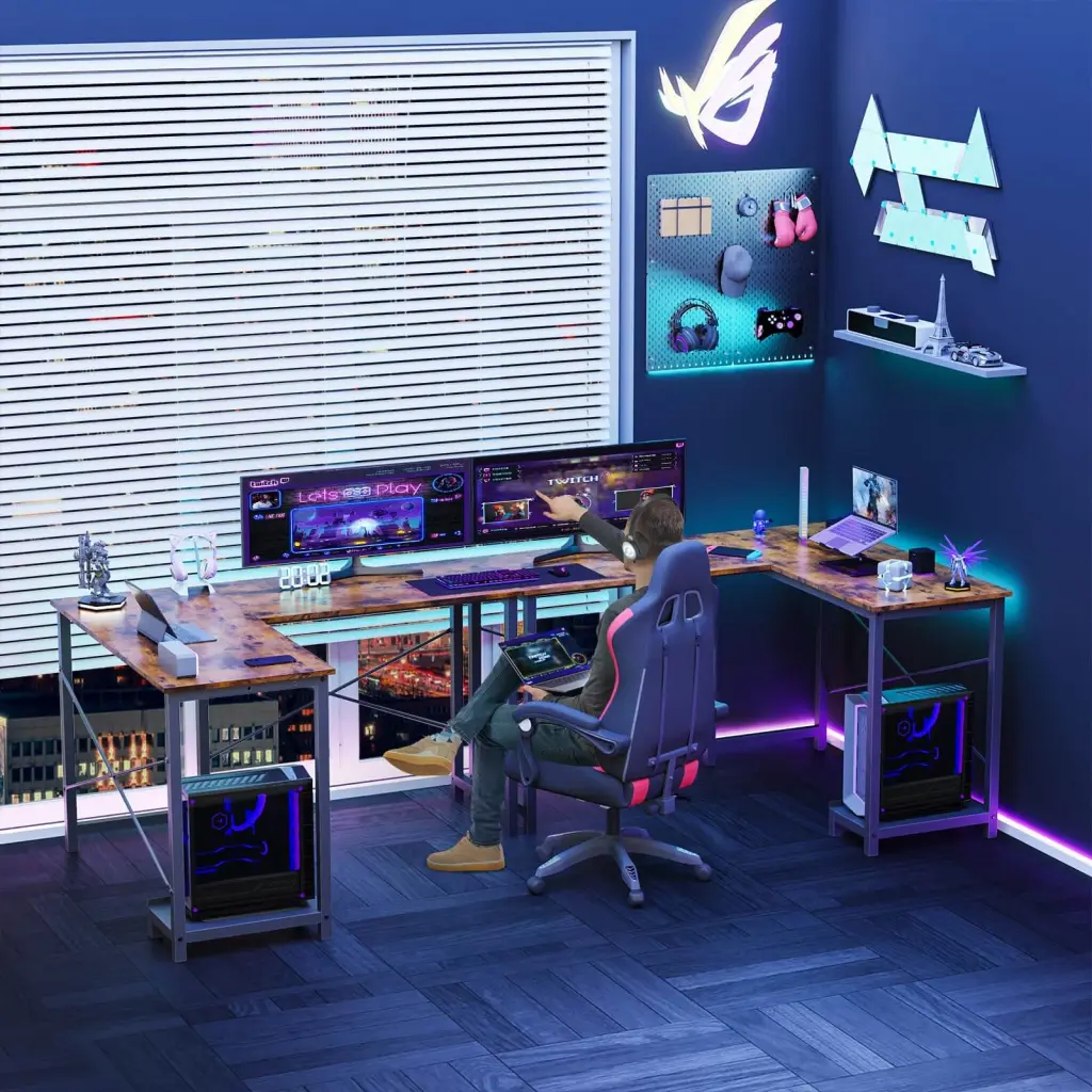 L Influenced Gaming Desk Brown Iron Frame Computer Desk w2201