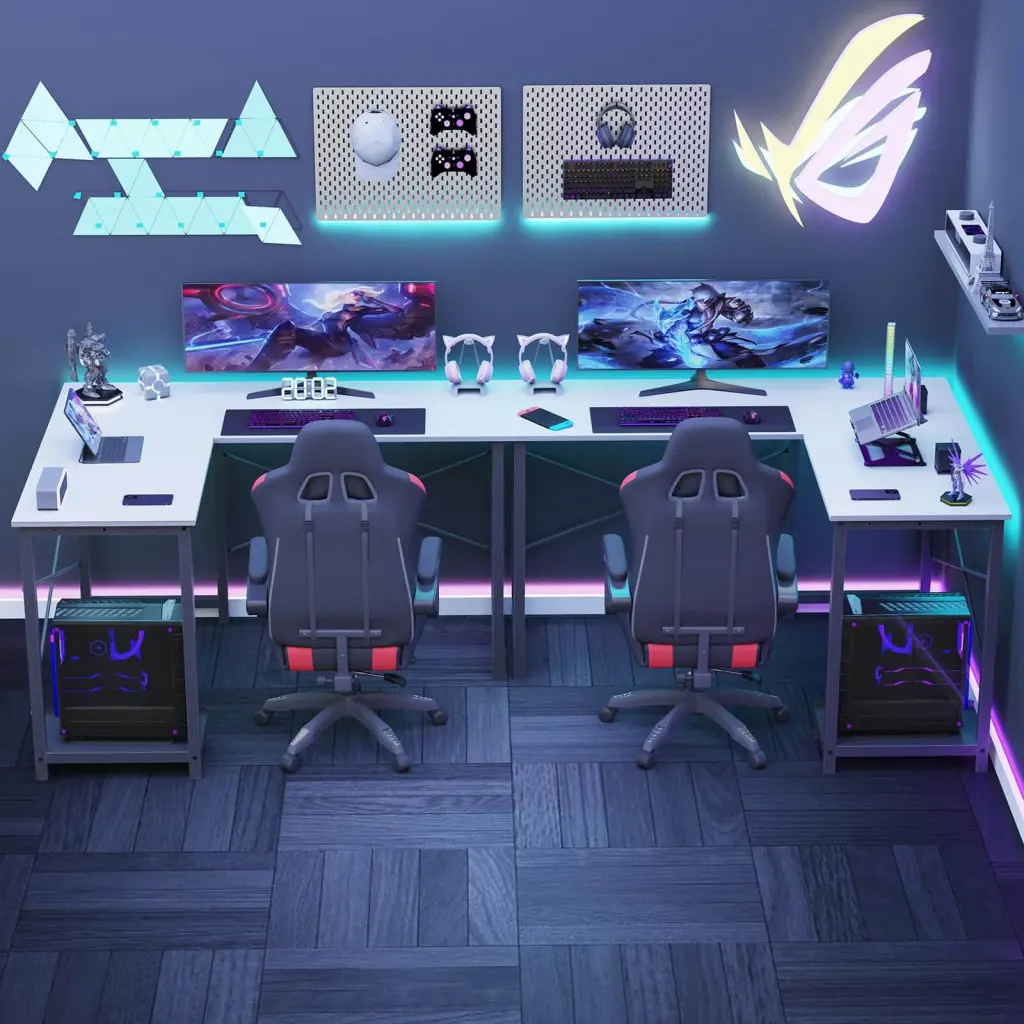 L Shaped Gaming Desk White Iron Frame w2201