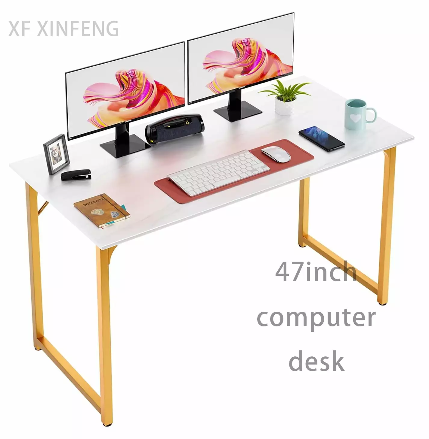XF XINFENG 47 inch Computer Desk - Modern Writing Desk Simple Study Table Home Office White and Gold