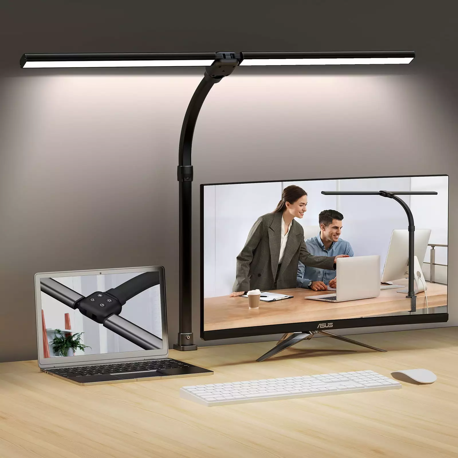 Uamector LED Desk Lamp Double Head LED Desk Lamp Clamp Eye Caring Computer Desk Light 5 Color Modes