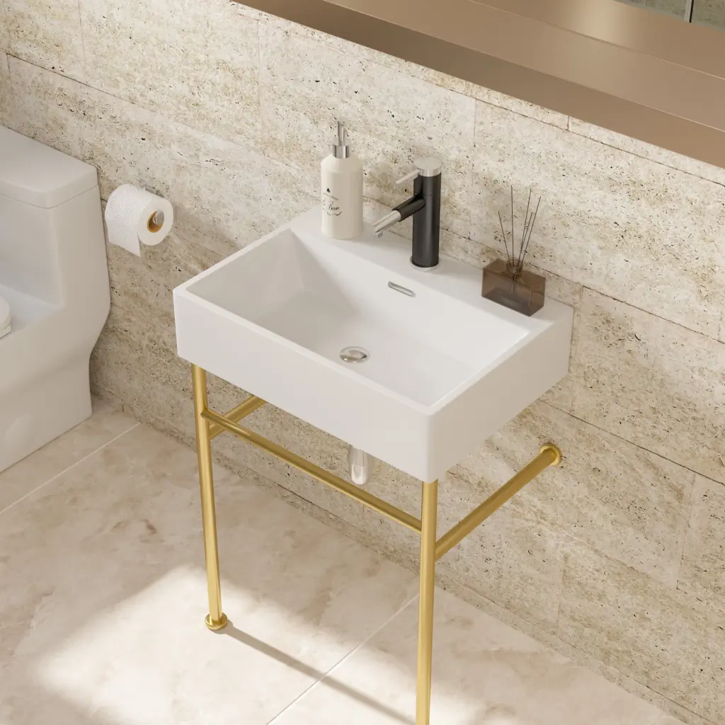 24'' Bathroom Console Sink Overflow Ceramic Console Sink White Base lordear