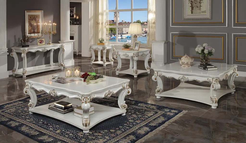 Vendome Sofa Table Antique Pearl Finish White Wood Console Table acme onsite store