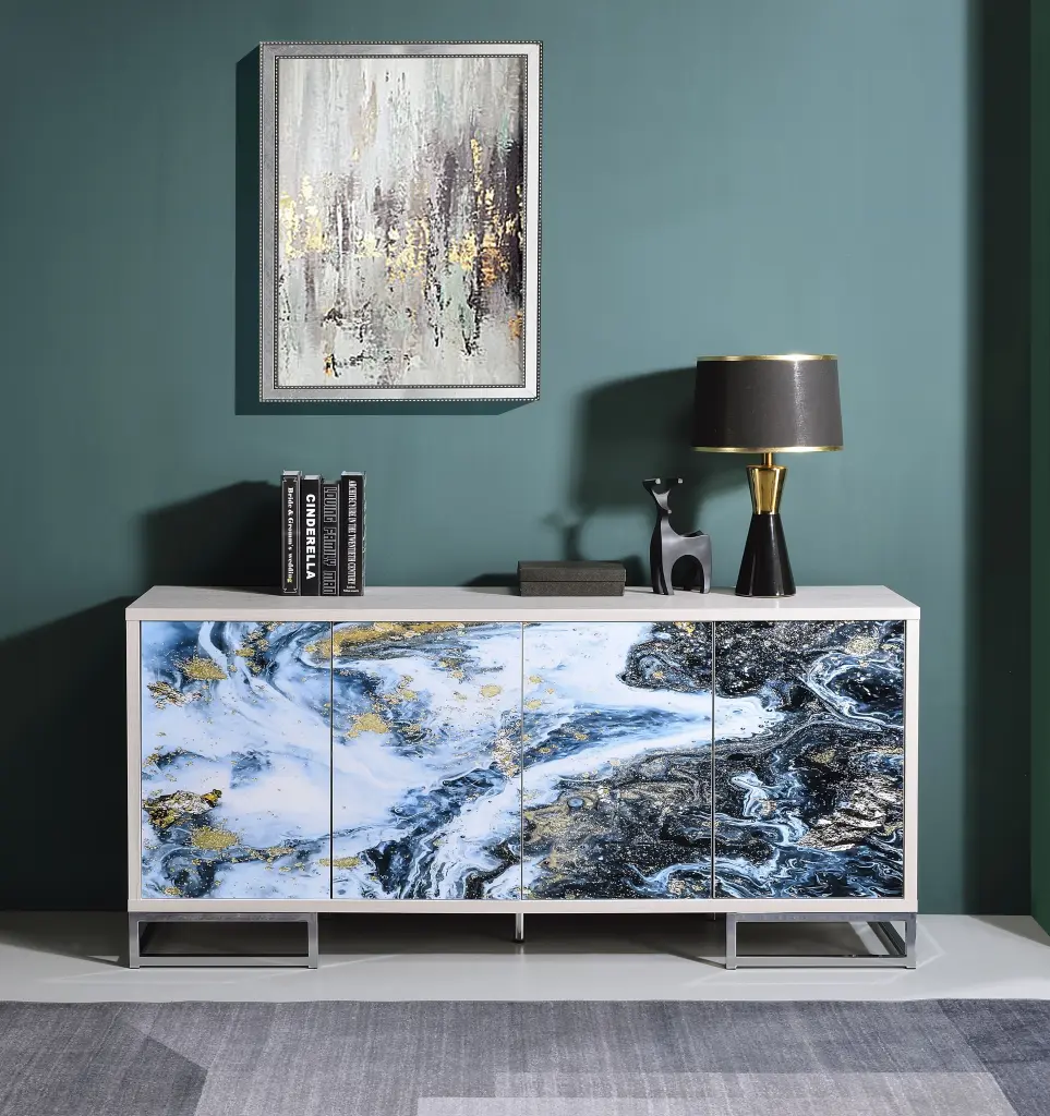 Liam Console Cabinet Blue Marble Paint Chrome Finish acme onsite store