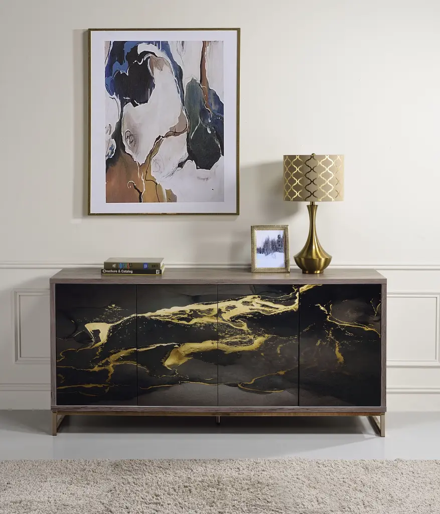 Payo Console Cabinet Black Marble Paint Oak Champagne Modern Entryway Furniture acme onsite store