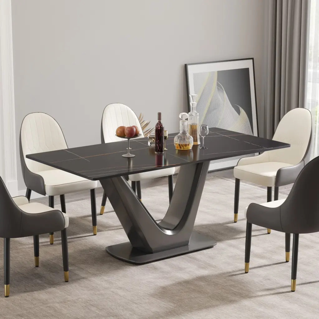 70.84 Inch Modern Artificial Stone Black Panel Gray Metal Legs Console Table atunus