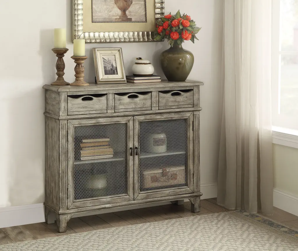 Weathered Grey 2 Door Console Cabinet 3 Drawers Freestanding Storage furniture max