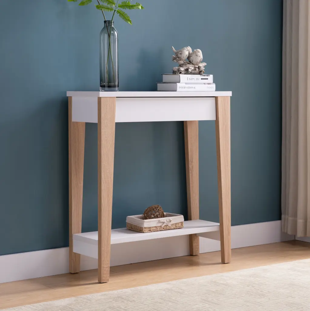Modern Two Toned Console Two Shelves White And Tan Entryway Table id international- inc.