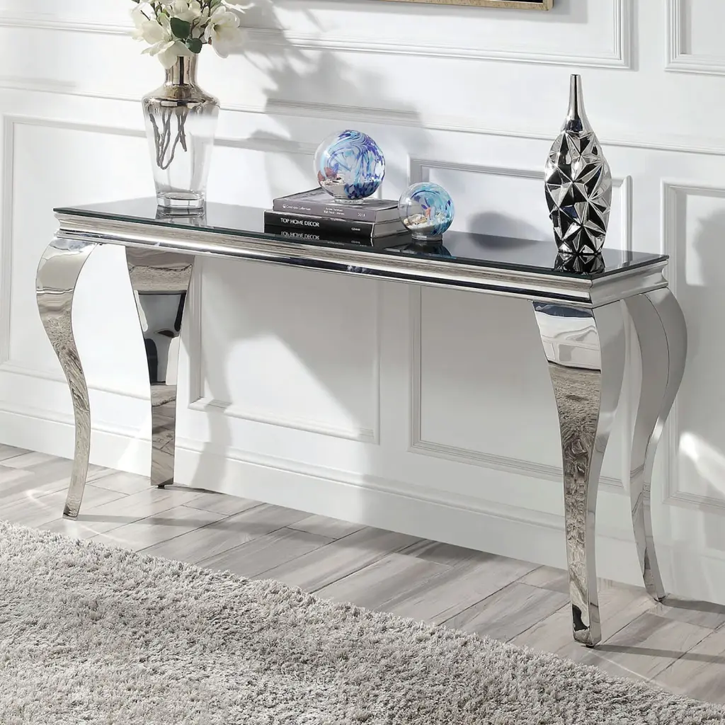 Glam Contemporary 1Pc Sofa Table Black Glass Top Silver Color Table Living Room Console Table kanepe