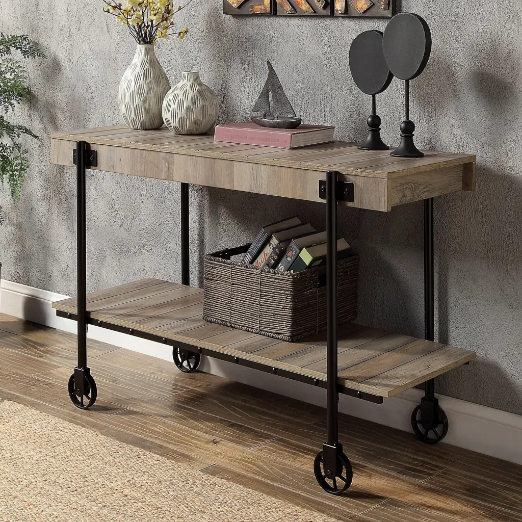 Industrial Style Sofa Table Natural Tone Slat Design Console Table kanepe
