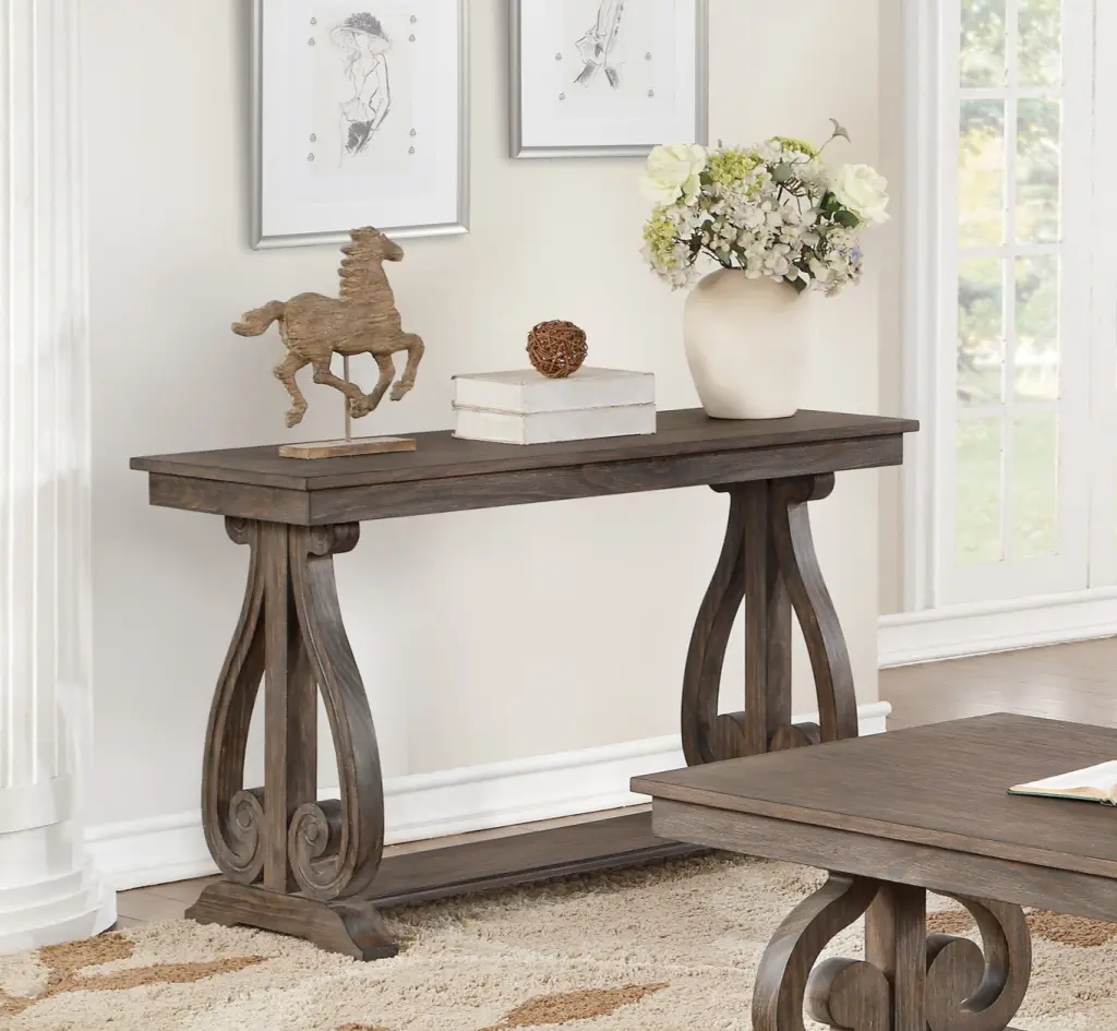 Timeless Traditional Sofa Table Bottom Shelf Dark Oak Finish Scroll Design Console Table kanepe