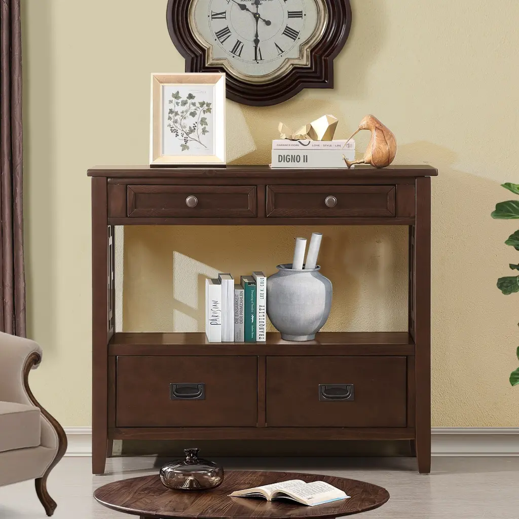 36 Inch Farmhouse Pine Wood Console Table Entry Sofa Table 4 Drawers Living Room Furniture power growth furniture