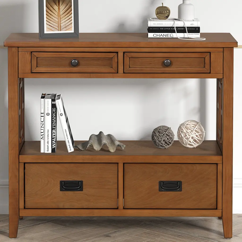 36 Inch Farmhouse Pine Wood Console Table 4 Drawers Entry Sofa Table power growth furniture