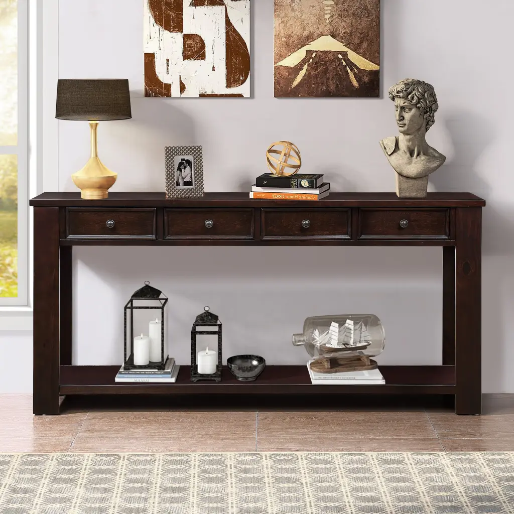 63 Inch Pine Wood Console Table 4 Drawers And 1 Bottom Shelf Entryway power growth furniture